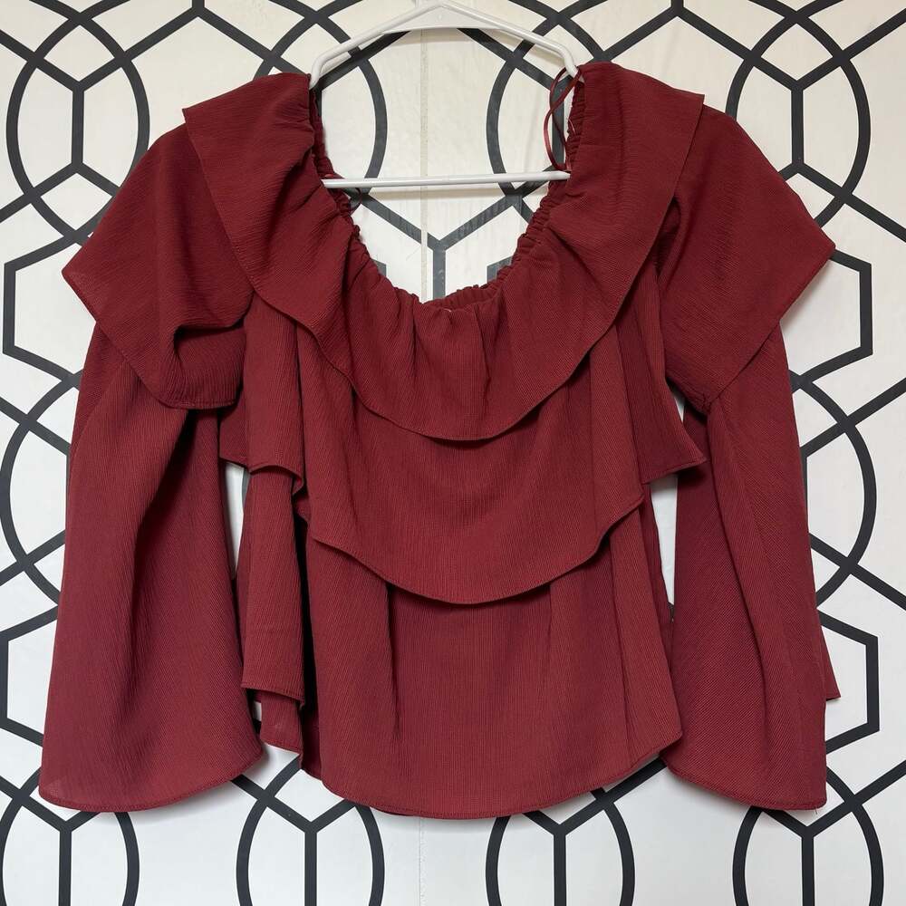Storee Women's Off-Shoulder Ruffle Long Sleeve Blouse Red Size M